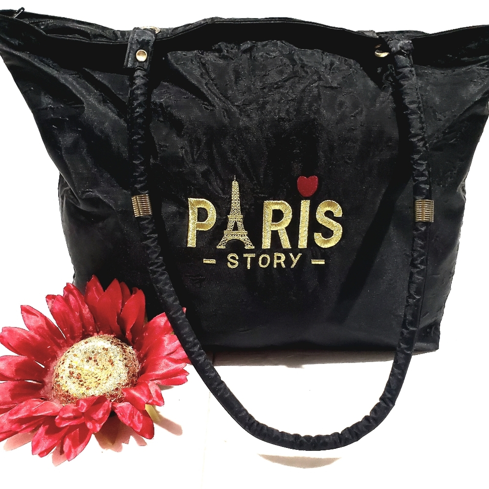 Vintage San Marino Black Paris Story Tote Purse Shoulder Handbag Purse Travel
